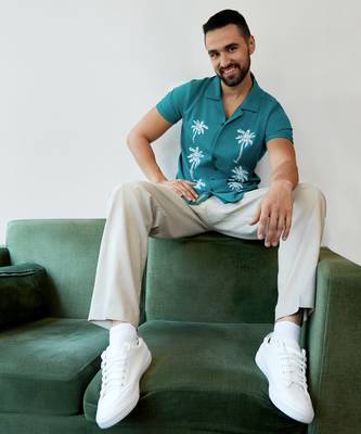 Men's teal blue palm tree knit shirt 2