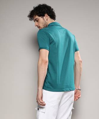 Men's teal blue palm tree knit shirt 3