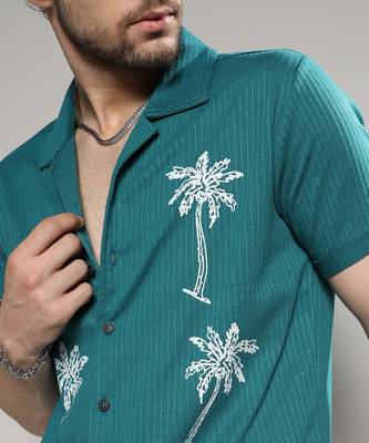 Men's teal blue palm tree knit shirt 4