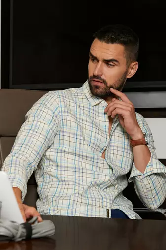 Men's pale yellow & powder blue tartan plaid shirt
