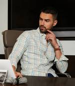 Men's pale yellow & powder blue tartan plaid shirt