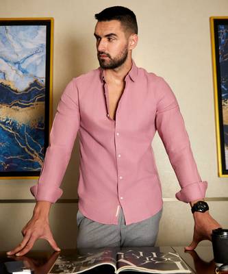 Men's coral pink self-design striped shirt 1