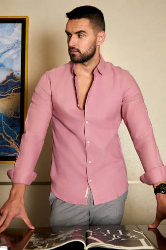 Men's coral pink self-design striped shirt