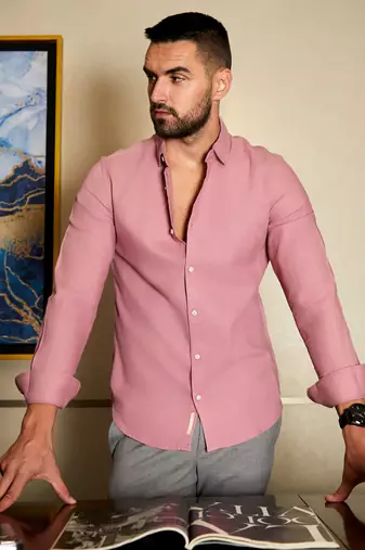 Men's coral pink self-design striped shirt