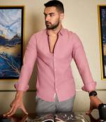 Men's coral pink self-design striped shirt