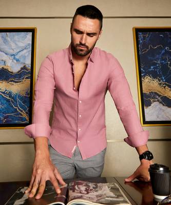 Men's coral pink self-design striped shirt 2