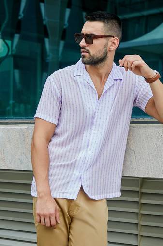 Men's white & lavender balanced striped shirt