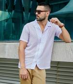 Men's white & lavender balanced striped shirt