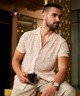 Men's beige washed flowers seld-design shirt 1