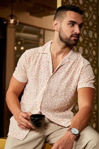 Men's beige washed flowers seld-design shirt
