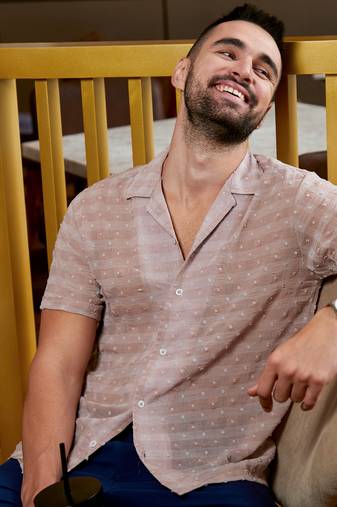 Men's brown self-design buffalo check shirt