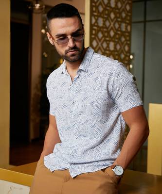 Men's ivory white:prussian blue spiral block shirt 1
