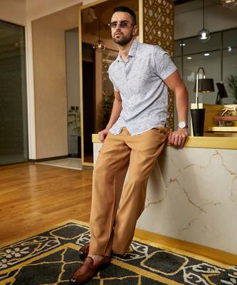 Men's ivory white:prussian blue spiral block shirt 2