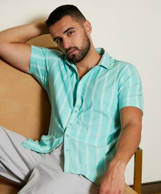 Men's aqua blue unbalanced striped shirt 1