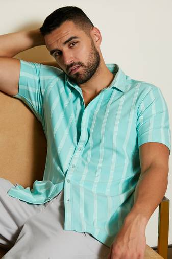 Men's aqua blue unbalanced striped shirt