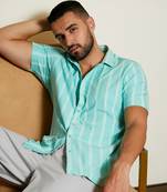 Men's aqua blue unbalanced striped shirt