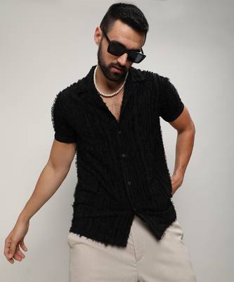 Men's jet black fleece striped shirt 1