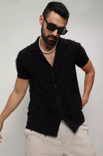Men's jet black fleece striped shirt