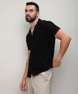 Men's jet black fleece striped shirt 2