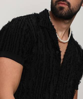 Men's jet black fleece striped shirt 5