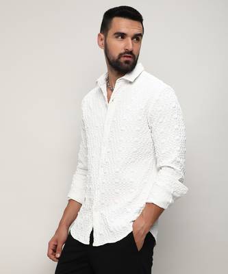 Men's chalk white self-design checkered shirt 2