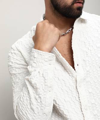 Men's chalk white self-design checkered shirt 5