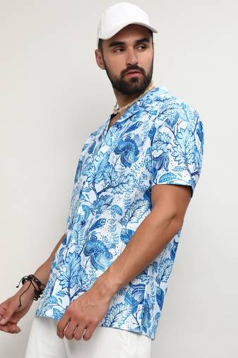 Men's chalk white:indigo blue mesh foliage shirt
