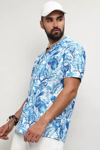 Men's chalk white:indigo blue mesh foliage shirt