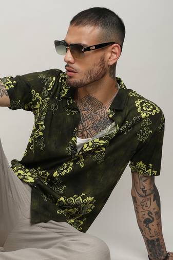 Men's forest green ethnic motif shirt