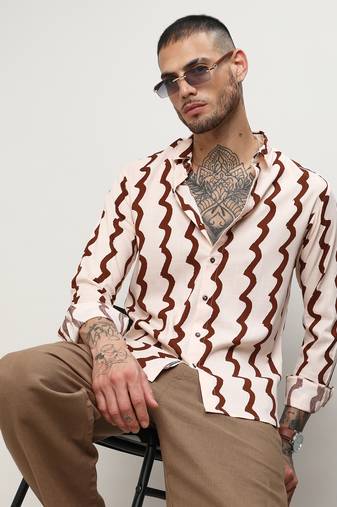 Men's beige & brown contrast paint lines shirt