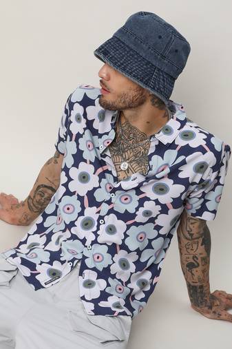 Men's indigo blue maxi floral block shirt