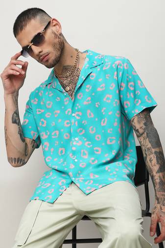 Men's ecoliva cyan blue flower block shirt