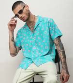 Men's ecoliva cyan blue flower block shirt