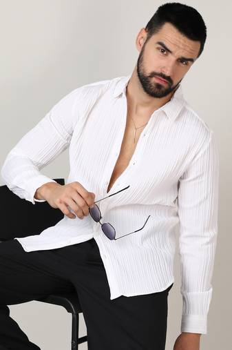 Men's chalk white self-design striped shirt