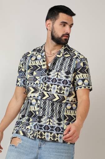 Men's sky blue & lemon yellow bohemian shirt