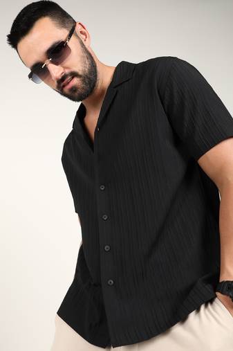 Men's charcoal black self-design striped shirt