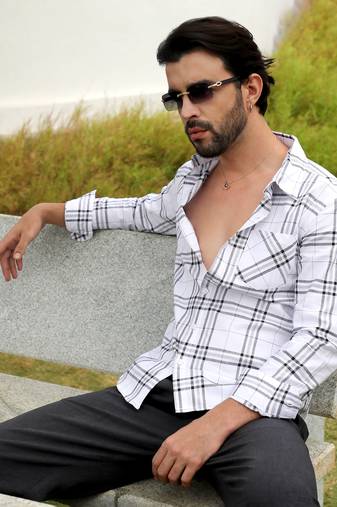 Men's white & black tartan plaid shirt