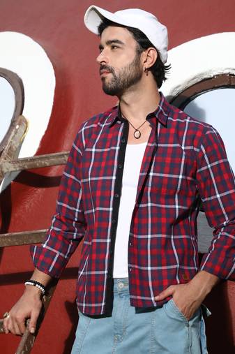 Men's navy blue & red tartan plaid shirt