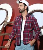 Men's navy blue & red tartan plaid shirt