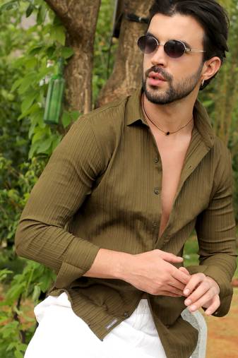 Men's olive green self-design striped shirt