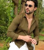 Men's olive green self-design striped shirt