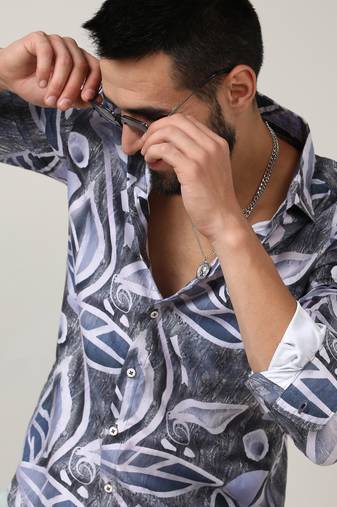 Men's charcoal grey & prussian blue marble foliage shirt