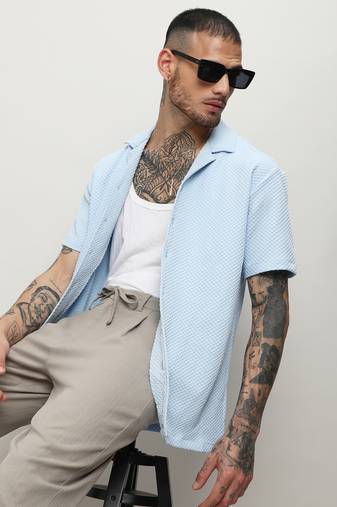 Men's light blue self-design block shirt