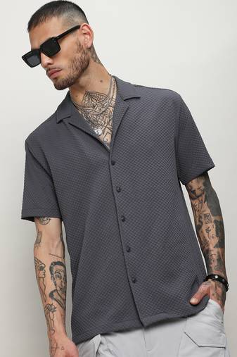Men's charcoal grey self-design block shirt