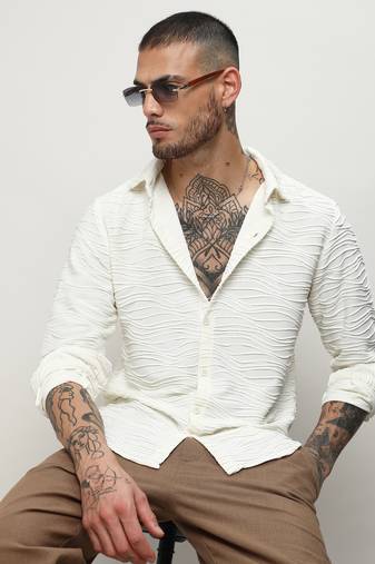 Men's ivory white self-design wave shirt