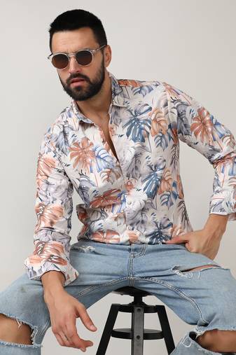 Men's prussian blue & sienna brown tropical palm shirt