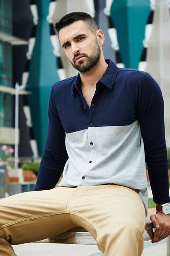 Men's navy blue & light grey contrast panel shirt