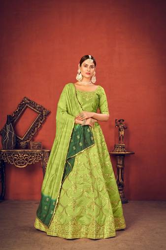 Beautiful Green Art Silk Lehenga Choli Set With Dupata