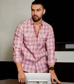 Men's blush pink & moon grey tartan plaid shirt