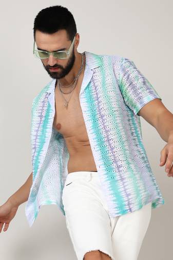 Men's sea green & lavender horizontal tie-dye shirt